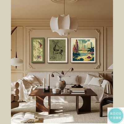 新中式福鹿双全中古风小众艺术客厅挂画装饰画替换画芯心微喷画芯