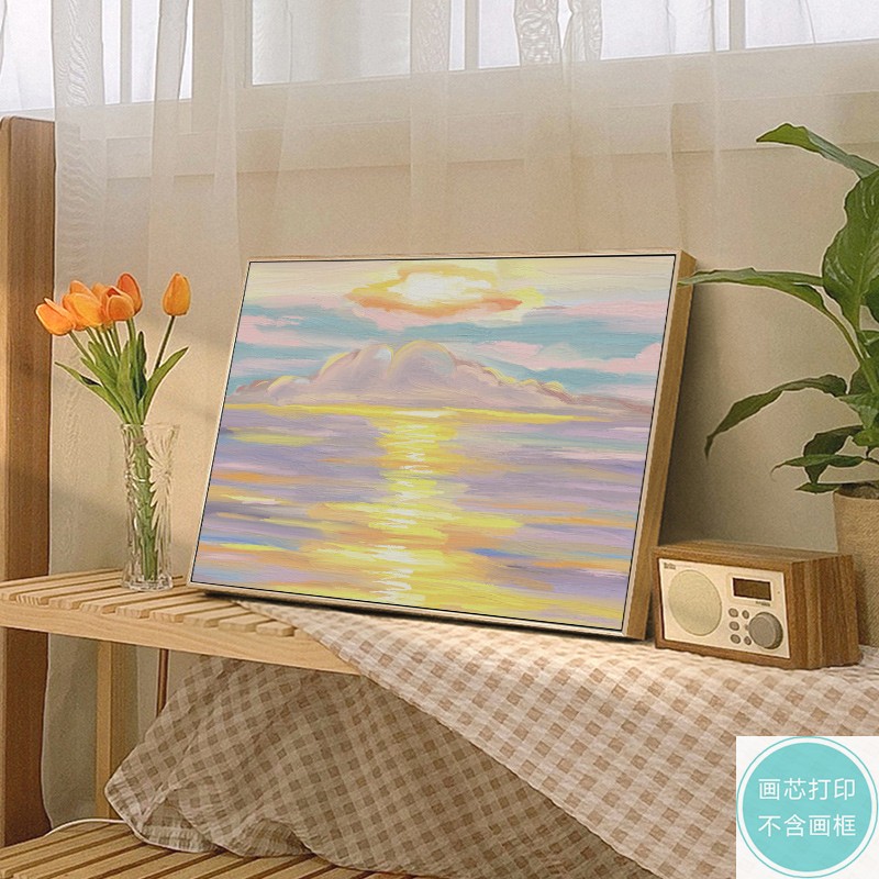 简约北欧手绘水彩大海田野青草花卉ins风电表箱装饰画芯打印油画图片