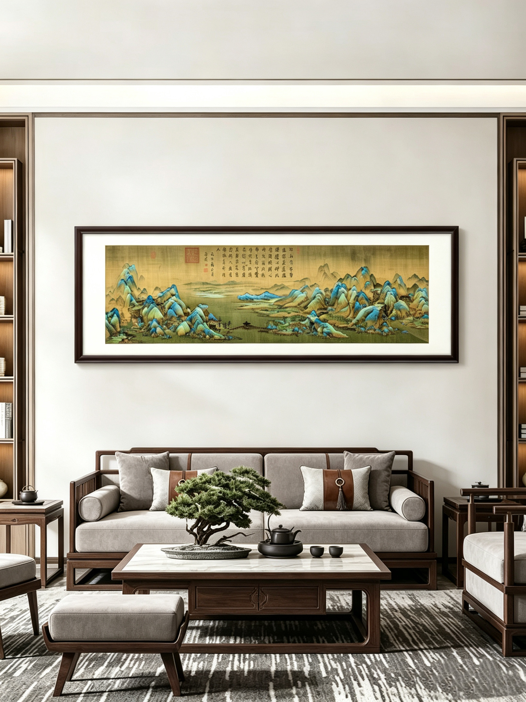 千里江山图国画山水画中式客厅装饰画书房办公室风水靠山画实木框