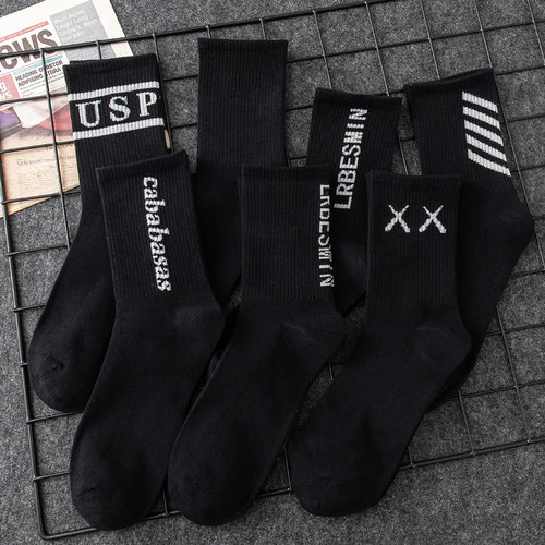 潮加大码高筒纯棉黑色长袜子