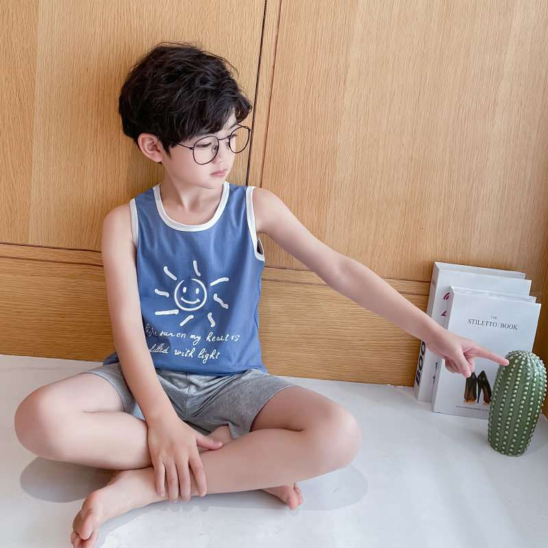 儿童睡衣夏季薄款纯棉家居服男童空调服无袖上衣短裤两件套潮