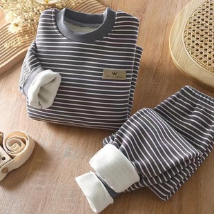 儿童加绒保暖内衣套装冬天加厚男女童衣服秋衣秋裤条纹家居服童装