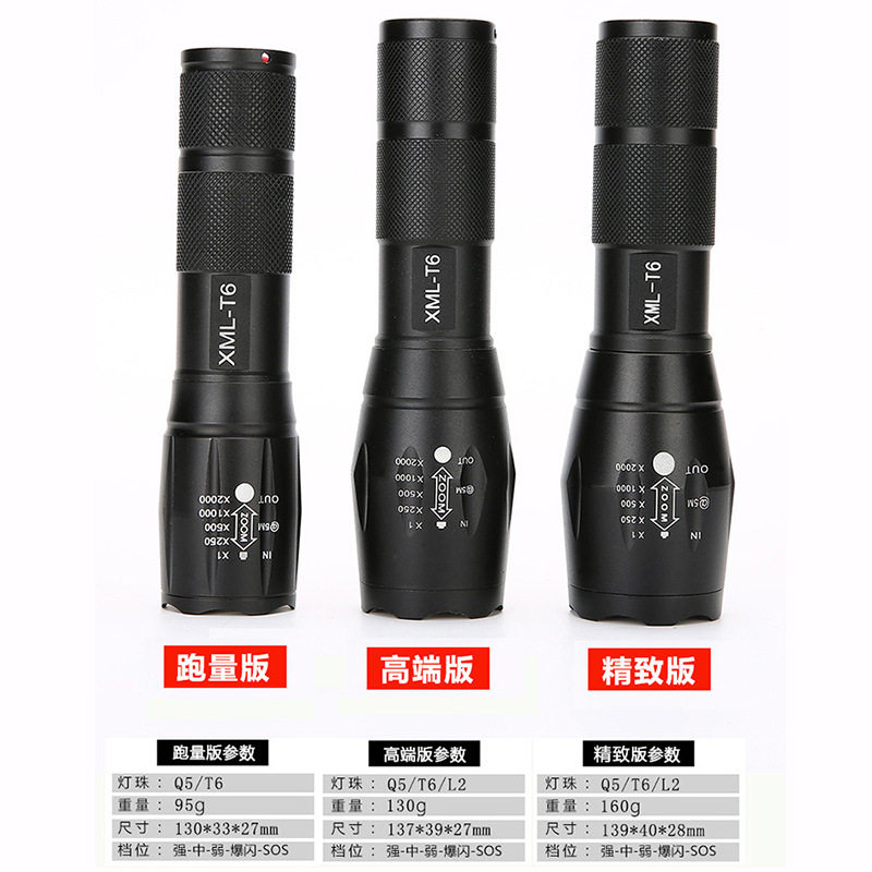 led伸缩变焦手电筒 户外T6带充电铝合金强光小手电筒