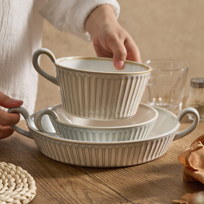 德化双耳陶瓷烤盘创意竖纹复古米饭碗汤碗深浅盘子菜盘家用沙拉盘,餐饮具,盘,淘宝优惠券,粉丝福利购,淘宝优惠卷