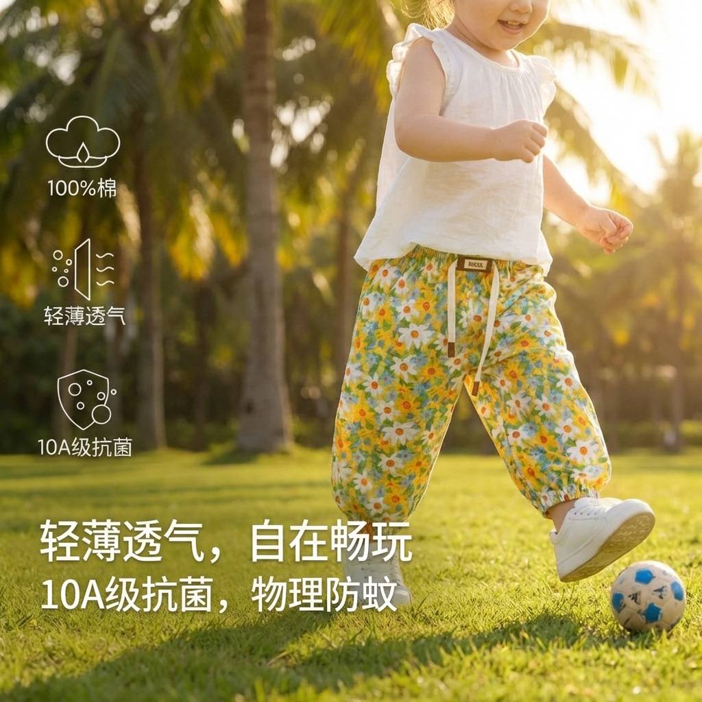 儿童裤子夏季轻薄透气防蚊裤男童纯棉裤子宝宝休闲束脚裤女童裤子