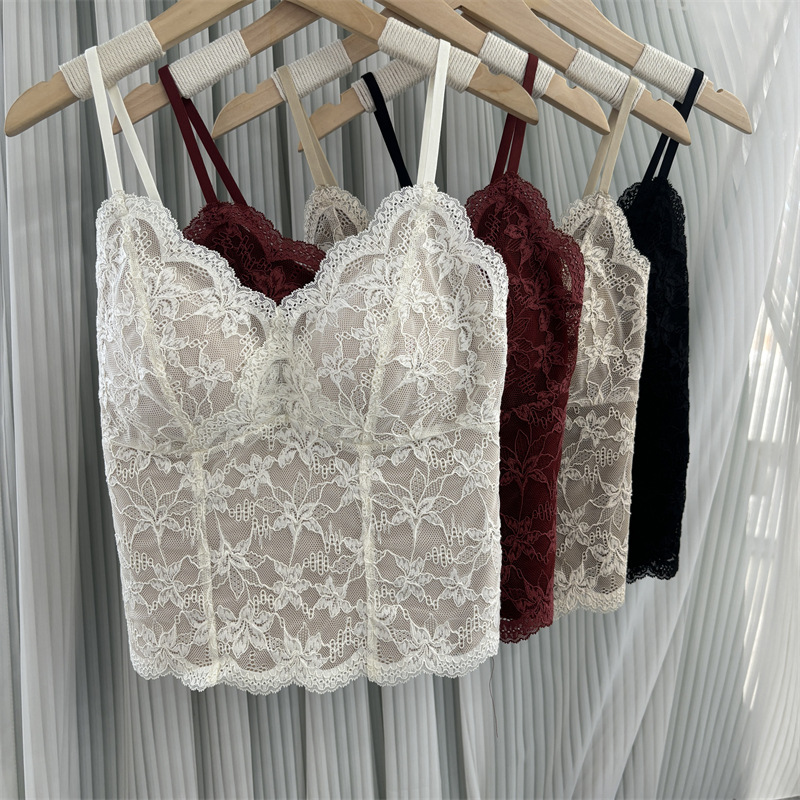 6099原版现货微磨毛法式吊带背心内衣女蕾丝一体固定杯收副乳文胸