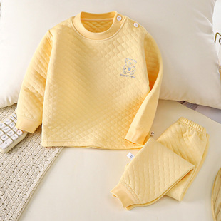 儿童保暖内衣套装男童纯棉加厚上衣女童三层夹棉睡衣冬款加绒秋衣