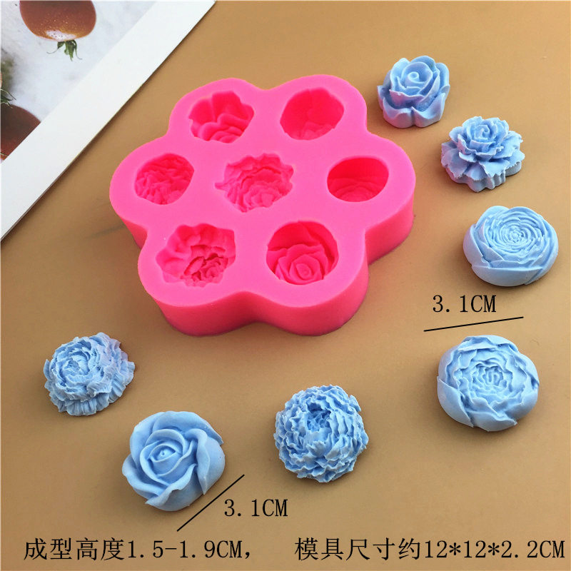 7孔不同款玫瑰花牡丹花朵情人节母亲节DIY翻糖烘焙巧克力硅胶模具
