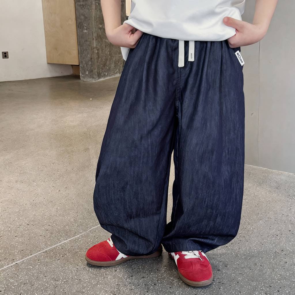 童酷男童夏款柔软天丝棉中大童防蚊裤夹标腰绳轻薄儿童牛仔裤