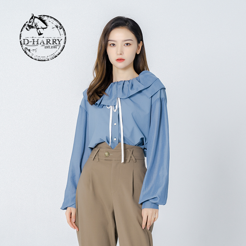 D-HARRY/迪哈利秋新款荷叶领海蓝衬衫小衫衬衣DH223D95392D