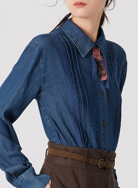 D-HARRY/迪哈利2024春新款复古蓝色毛边牛仔长袖衬衫DH241H96930D