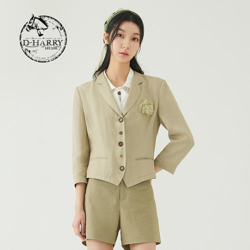 D-HARRY/迪哈利新款蕾丝胸花卡其色西装外套DH232A96096D