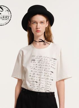 D-HARRY/迪哈利秋新款宽松圆领白色刺绣短袖T恤DH243B97369D