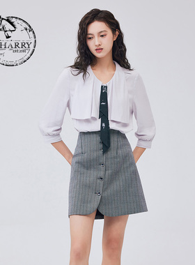 D-HARRY/迪哈利2023秋季新款复古文艺百搭浅灰色衬衫DH233D96325D