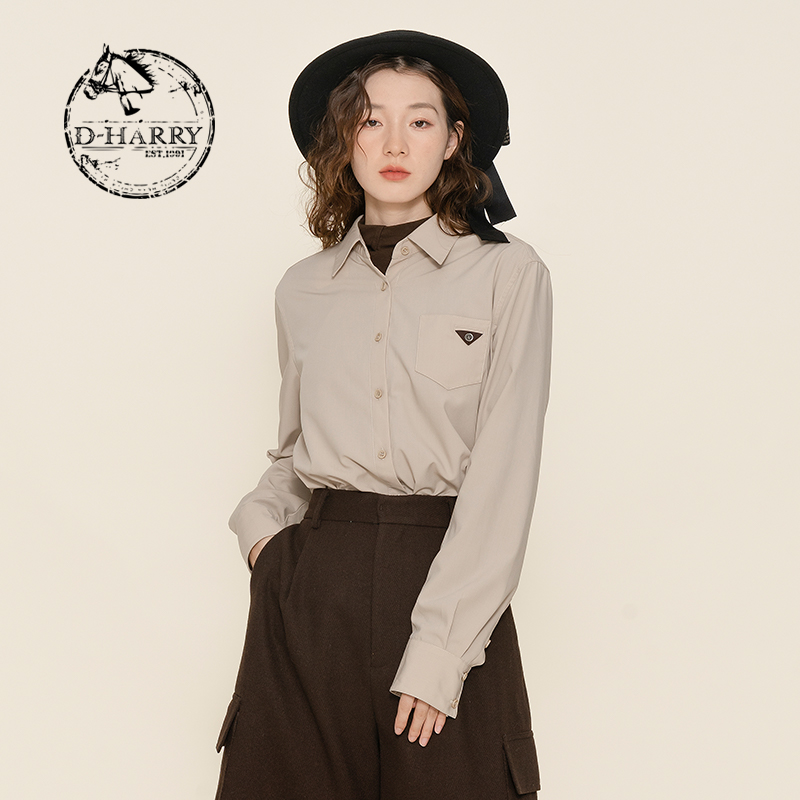 D-HARRY/迪哈利复古拼接米色衬衫长袖打底衫衬衣DH224D95630D