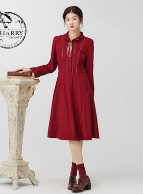 D-HARRY/迪哈利2023冬新款优雅暗红色小A摆连衣裙DH234J96611D