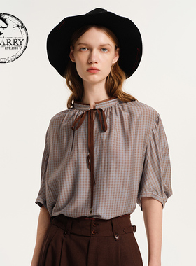 D-HARRY/迪哈利秋新款复古优雅透气格纹短袖小衫DH243R97383D
