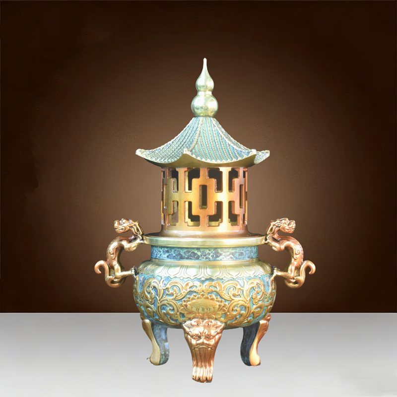 纯黄铜塔炉仿古炼丹炉双龙戏珠熏香炉古塔炉家用室内香熏炉工艺品