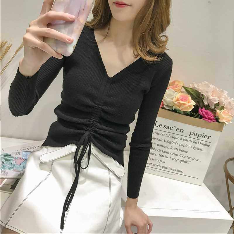 凌美秋冬季韩版V领针织打底衫百搭修身套头毛衣T恤抽绳长袖上衣女|ruв категории Женская одежда, шерстяной свитер - от Buy2taobao.com для оказания профессиональной услуги покупки агента Taobao