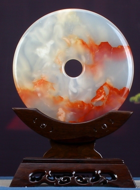 天然阿富汗玉石平安扣摆件红花冰玉客厅玄关中式装饰品桌面工艺品