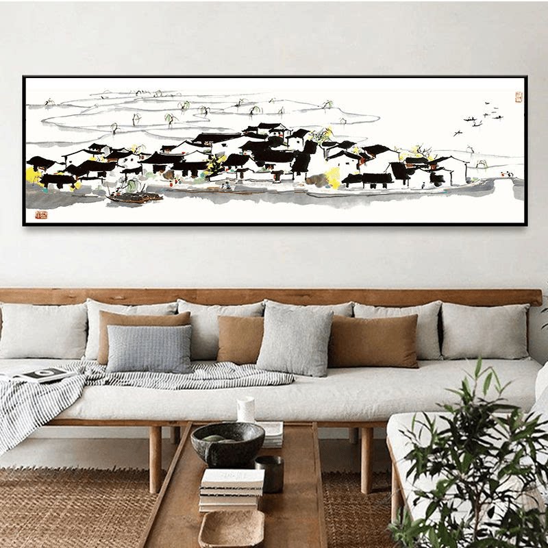 新款吴冠中江南水乡床头中式客厅渔船挂画山水水墨卧室油画装饰画