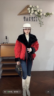 欧洲站2025冬新时尚 翻领拼接皮毛一体洋气鲜红显白羽绒服外套2552