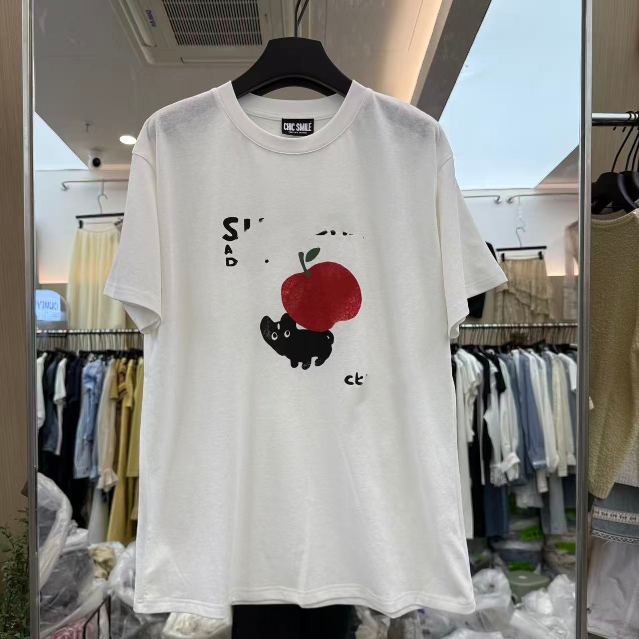 欧洲站2026新款欧货舒适百搭圆领卡通苹果印花面膜短袖T恤女25204