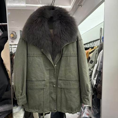 欧洲站2025冬新款巴恩风狐狸毛领宽松加厚鹅绒保暖大版派克服5788