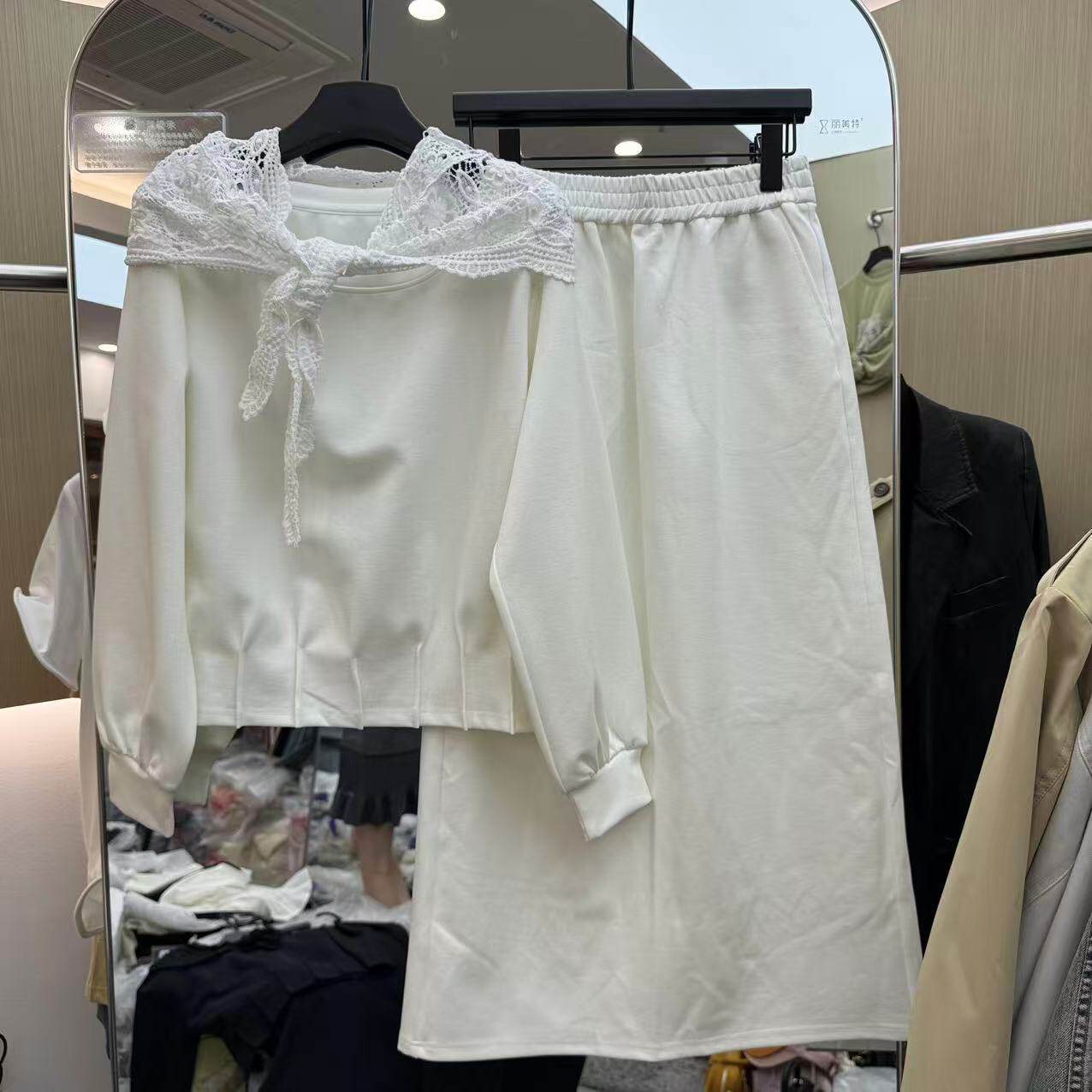 欧洲站2026春新款韩系氛围感蕾丝披肩卫衣休闲减龄半裙套装16109