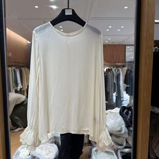 衬衫 气质人丝长袖 女5839 圆领钉珠珠花边喇叭袖 欧洲站2026春新款