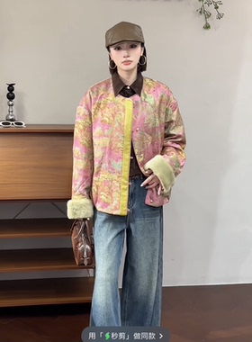 欧洲站2025冬新新中式国风圆领盘扣提花水貂毛袖口蚕丝外套69156