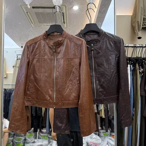 欧洲站2026早秋新款欧货立领小版正肩长袖拉链皮衣外套夹克98109