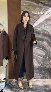 曼曼家2025秋冬款韩系翻领高级感气质系腰双面呢长款过膝大衣