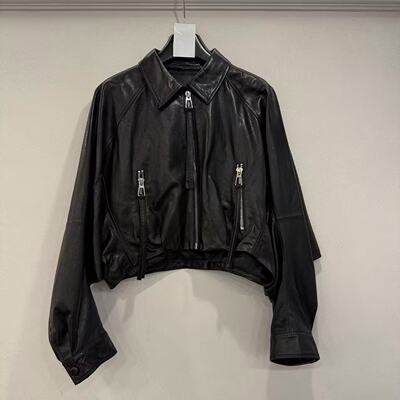 欧洲站2026春新款翻领拉链款休闲机车蝙蝠袖夹克短款真皮外套2663