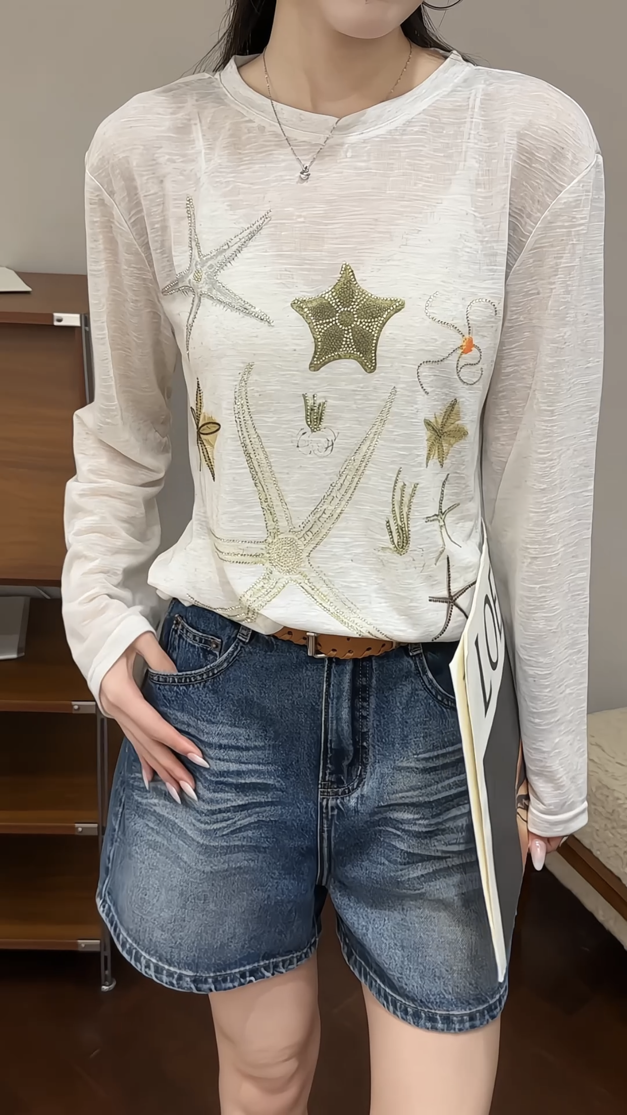 欧洲站2026夏新款欧货圆领海星烫钻印花长袖T恤女宽松上衣潮