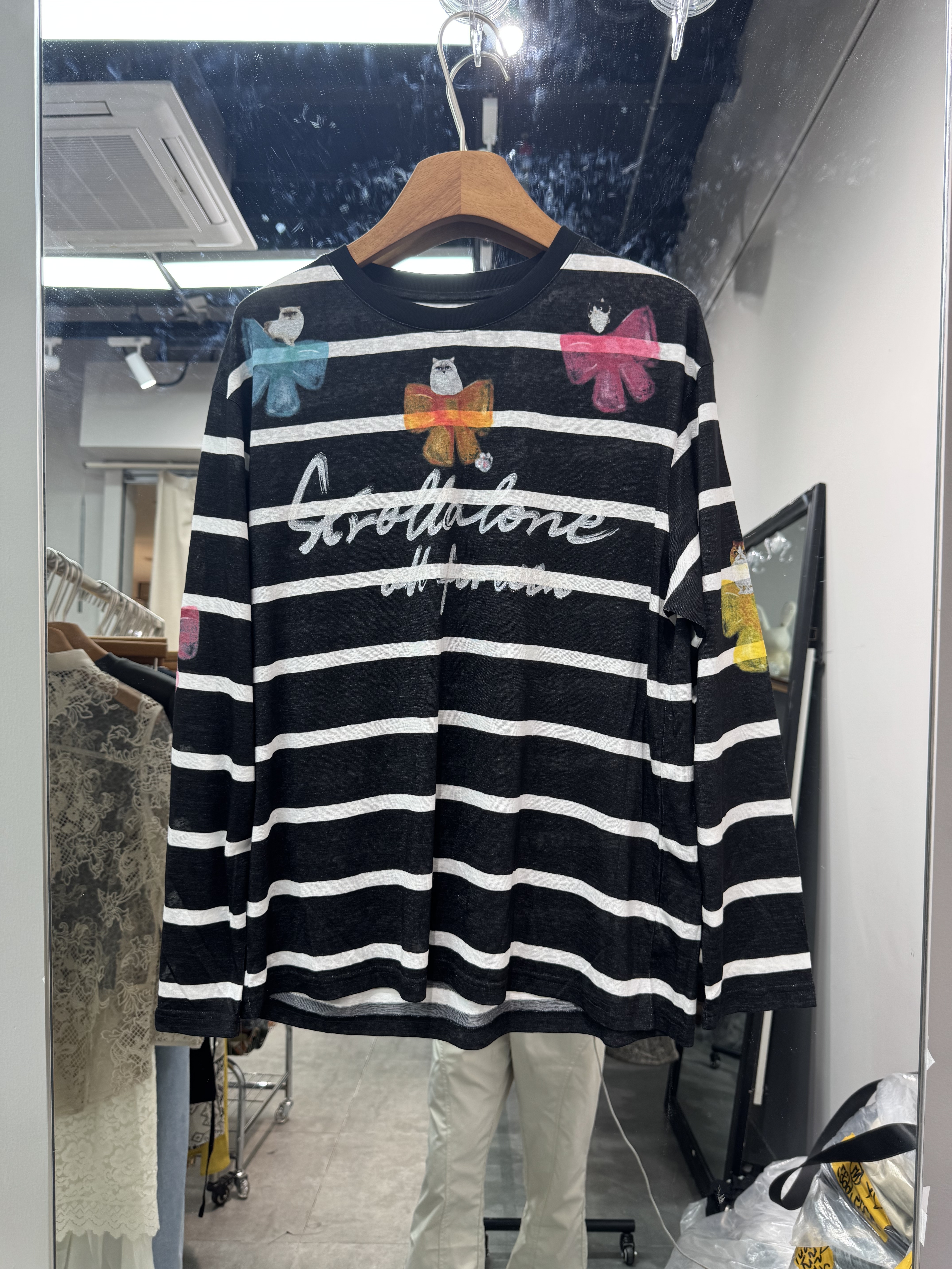 欧洲站2026夏新款欧货条纹蝴蝶结印花宽松百搭长袖面膜T恤女348