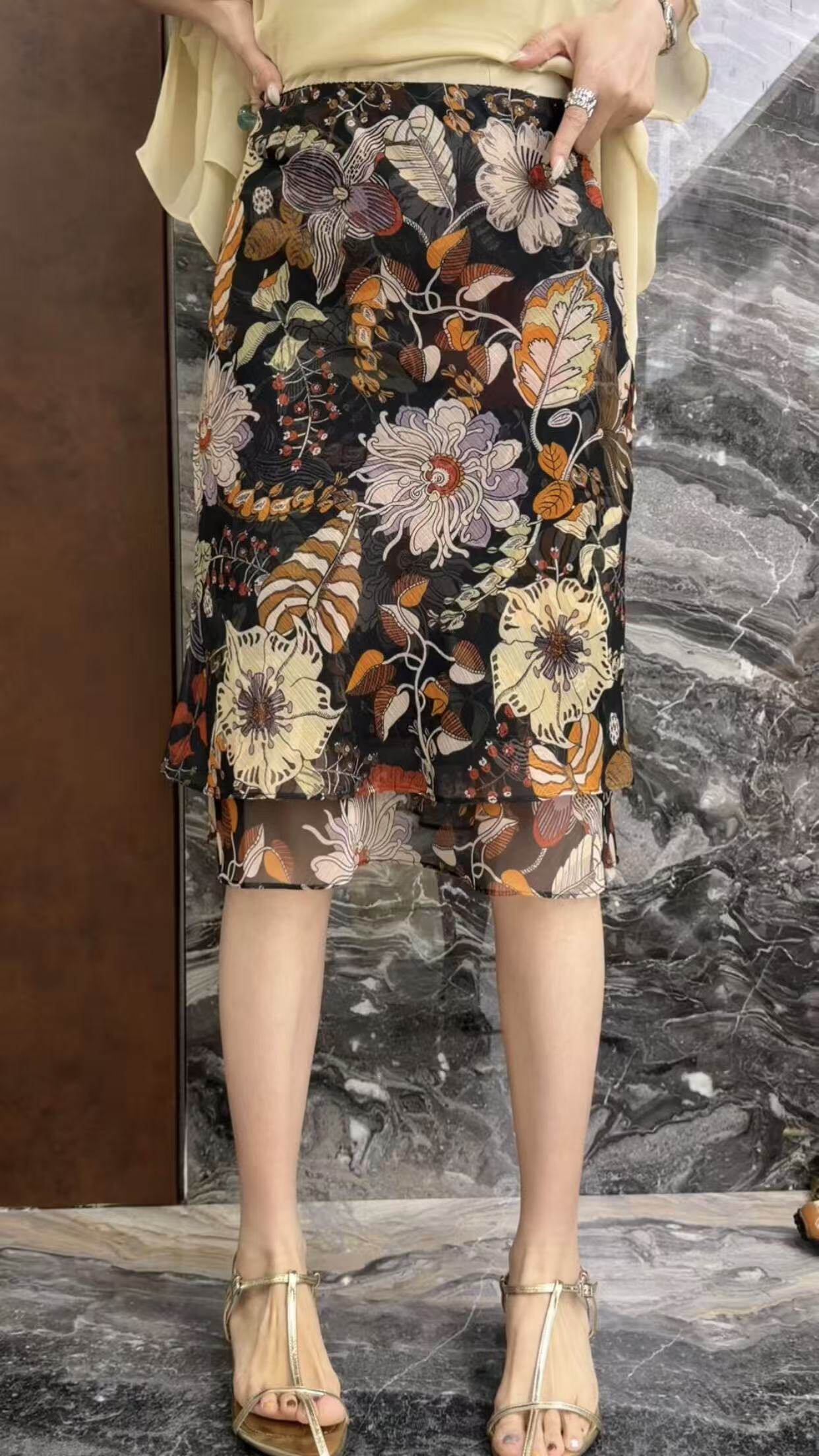 曼曼家2026夏季新款复古花卉印花女人味雪纺洋气双层半身裙女