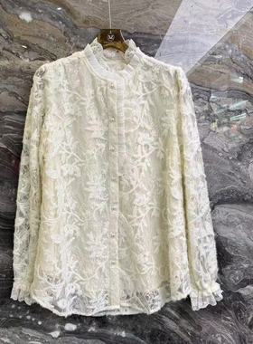 曼曼家2025冬款法式立领蕾丝轻熟风镂空钩花洋气长袖衬衫潮266006