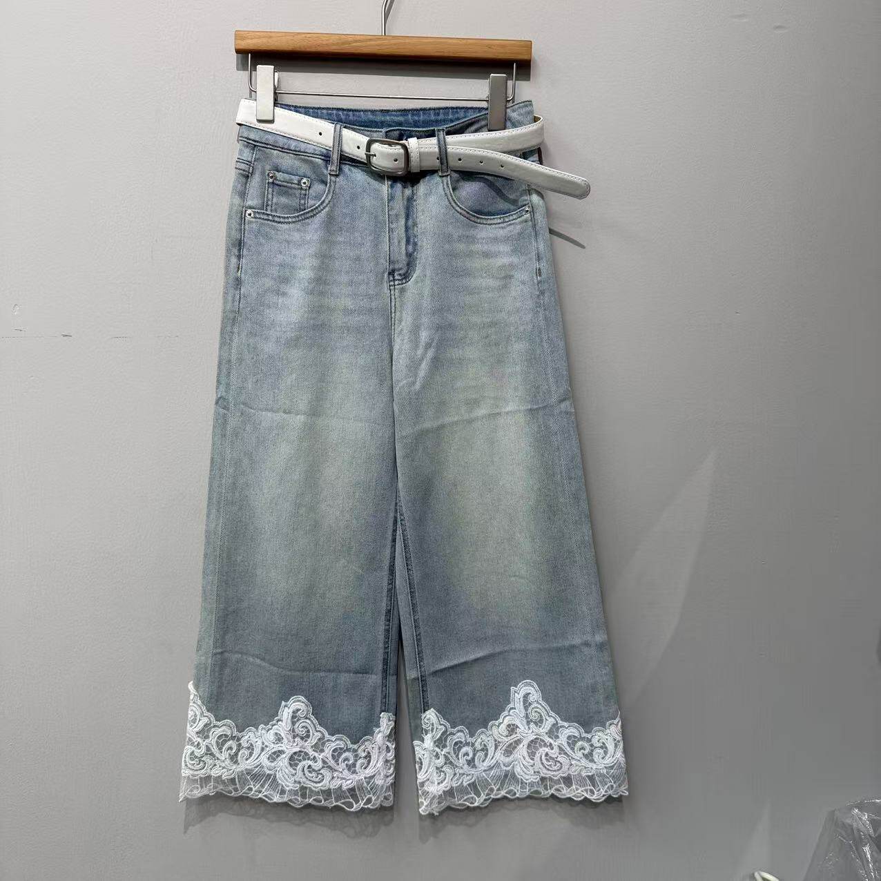 欧洲站2026夏季新款欧货浅色显瘦蕾丝花边阔腿七分牛仔裤女31035