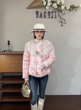 欧洲站2025冬新时尚圆领盘扣拼接水貂毛刺绣羽绒服外套女潮88205