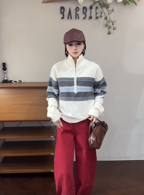 欧洲站2025冬新款时尚半高领拉链拼色慵懒休闲套头针织毛衣25200