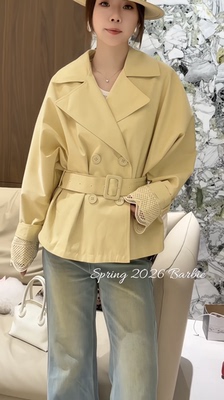 欧洲站2026春新款欧货翻领双排扣收腰短款镂空喇叭风衣外套29661