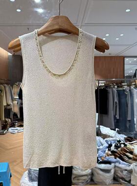 欧洲站2026春新款欧货U领钉珠高弹轻薄打底无袖针织背心上女89266
