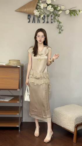 欧洲站2026夏新款欧货圆领荷叶边飘带洋气上衣+半身裙套装29141