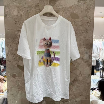 欧洲站2026新款欧货舒适百搭圆领卡通猫咪刺绣大版短袖T恤11020