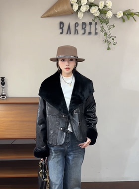 欧洲站2025冬新时尚翻领拼接皮毛一体短款鹅绒羽绒服外套25366