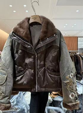 欧洲站2025冬时髦水貂毛领精致凤凰刺绣洋气牛仔羽绒服外套86177