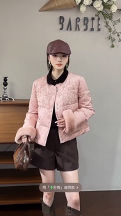 羽绒服外套89507 口国风短款 欧洲站2025冬新时尚 圆领刺绣水貂毛袖