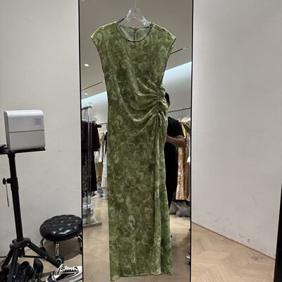 欧洲站2026夏新款复古圆领扎染花色侧褶皱收腰显瘦印花长裙86X111