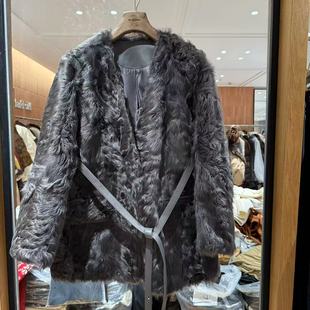 欧洲站2025冬新轻奢风V领小湖羊系腰带显瘦真皮中长款皮草25021